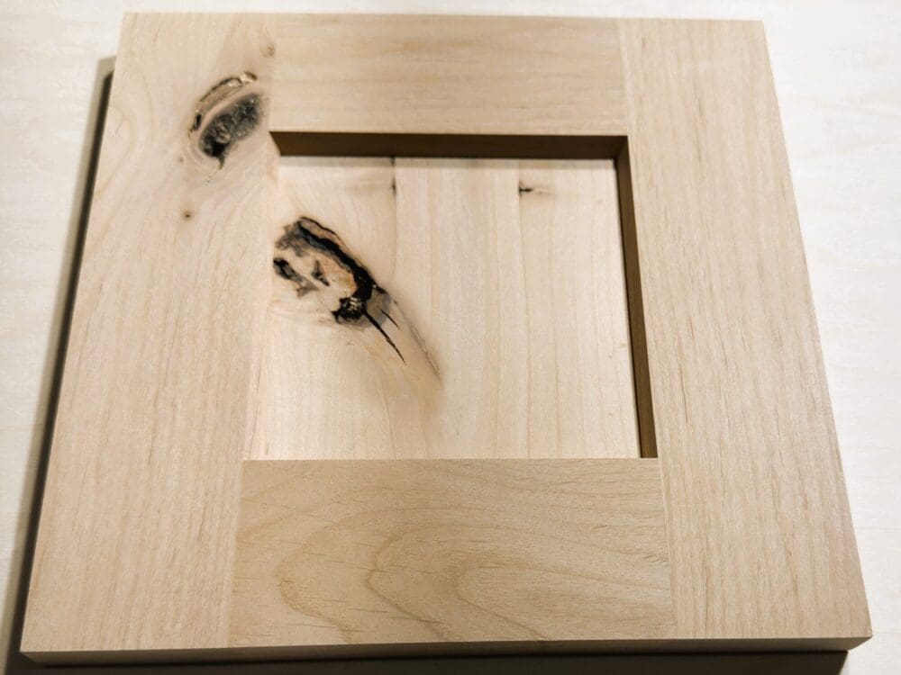 Reverse back-cut raised-panel door sample with bevel inside-edge profile in knotty alder